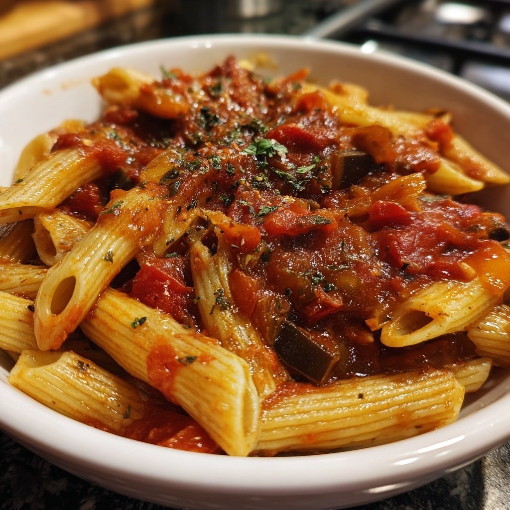 Penne mit Auberginen und Tomatensauce