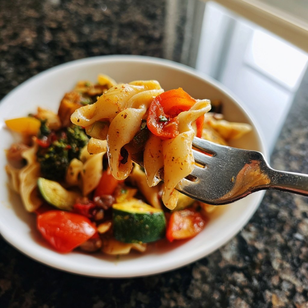 Mittagessen mit Gemüse und Nudeln